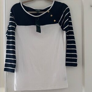 Ralph Lauren Navy and White Striped Long Sleeve Tee Marine Coastal Breton Sailor